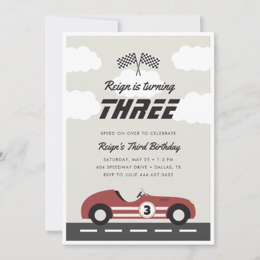 ボーイズヴィンテージレッドレースカー誕生日パーティー 招待状 (正面)