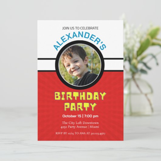 ボーイズ写真スーパーヒーロー誕生日 招待状 (スタンド正面)