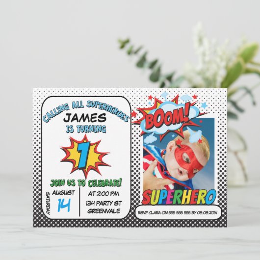 ボーイズ写真スーパーヒーロー1歳の誕生日招待状 招待状 (スタンド正面)