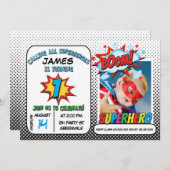 ボーイズ写真スーパーヒーロー1歳の誕生日招待状 招待状 (正面/裏面)