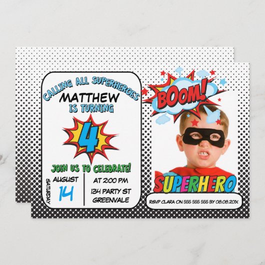 ボーイズ写真スーパーヒーロー4th誕生日招待状 招待状 (正面/裏面)