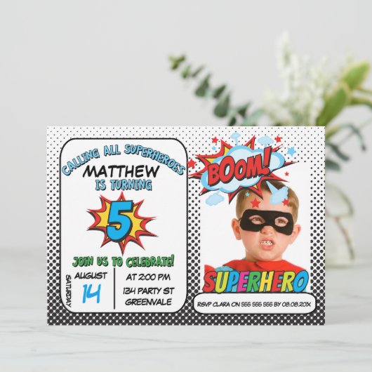 ボーイズ写真スーパーヒーロー5誕生日招待状 招待状 (スタンド正面)