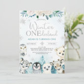ボーイズ冬の動物ウィンターオンダーランド誕生日 招待状 (スタンド正面)