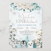 ボーイズ冬の動物ウィンターオンダーランド誕生日 招待状 (正面/裏面)