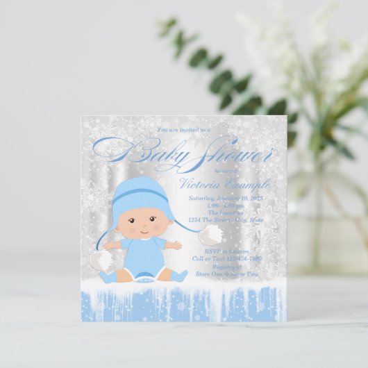 ボーイズ冬ワンダーランドスノースウィーンベビーシャワー招待状 招待状 (スタンド正面)
