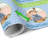 ボーイズ名写真誕生日ブルー&グリーンカエル ラッピングペーパー (ロールコーナー)