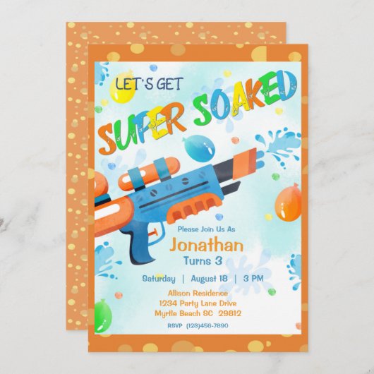 ボーイズ夏ウォーターガンプール誕生日パーティー 招待状 (正面/裏面)