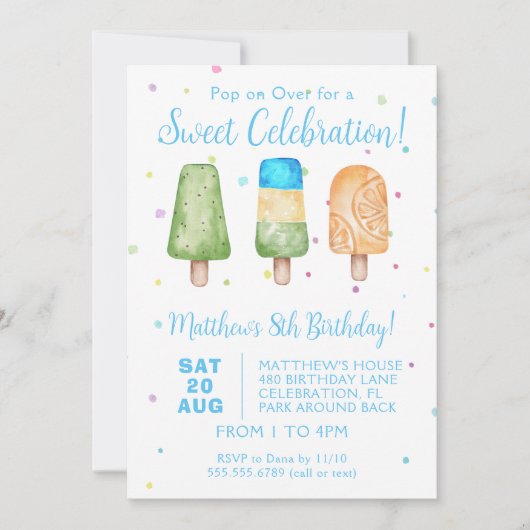 ボーイズ夏ポップシクル誕生日パーティー 招待状 (正面)