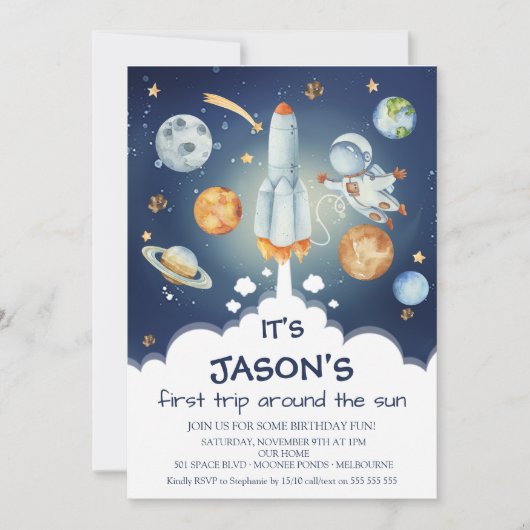 ボーイズ宇宙ファーストのまわりにトリップザサン誕生日 招待状 (正面)