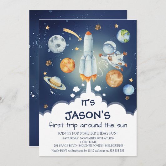 ボーイズ宇宙ファーストのまわりにトリップザサン誕生日 招待状 (正面/裏面)