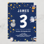 ボーイズ宇宙飛行士キャットネイビー子供の誕生日 招待状 (正面/裏面)