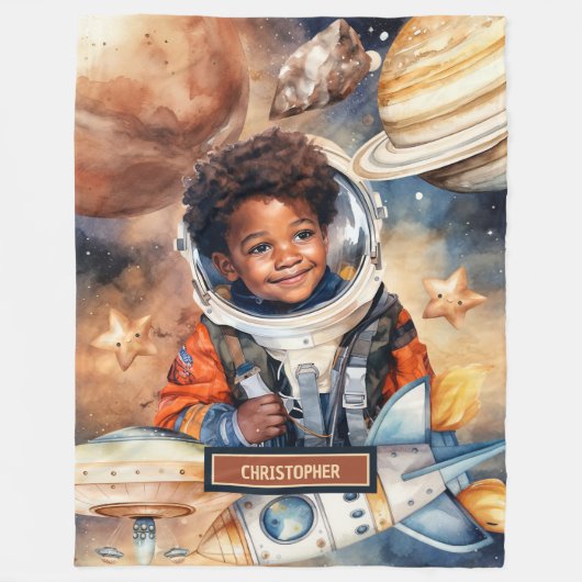 ボーイズ宇宙飛行士ブランケットブラックスキン宇宙水彩 フリースブランケット (正面)
