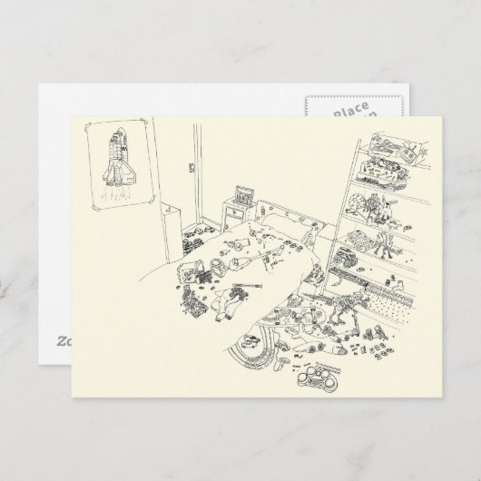 ボーイズ寝室のメスファミリーユーモアスケッチ上から ポストカード (正面/裏面)