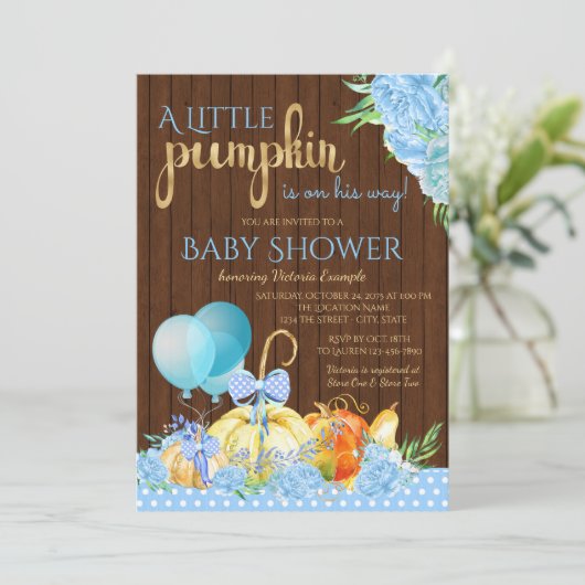 ボーイズ小さなかぼちゃの素朴木のベビーシャワー 招待状 (スタンド正面)