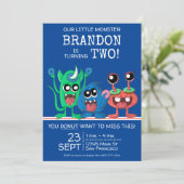ボーイズ小さなモンスタードーナツ誕生日パーティーブルー 招待状 (スタンド正面)