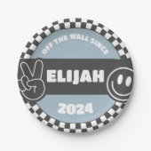 ボーイズ市松模様にススケートボードグルービーヒッピー誕生日 ペーパープレート (正面)