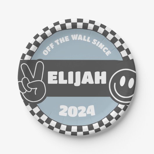 ボーイズ市松模様にススケートボードグルービーヒッピー誕生日 ペーパープレート (正面)