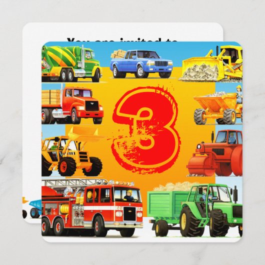 ボーイズ建築トラックをテーマにした3歳の誕生日パーティー 招待状 (正面/裏面)
