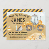 ボーイズ建築掘削機1st誕生日 招待状 (正面/裏面)