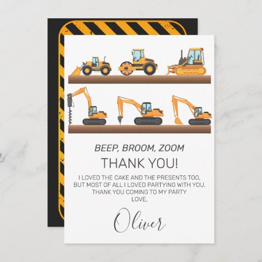 ボーイズ建築車両誕生日サンキューカード 招待状 (正面/裏面)