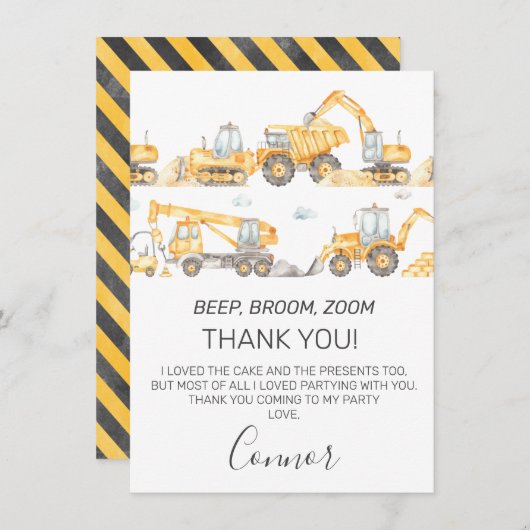 ボーイズ建築車両誕生日サンキューカード 招待状 (正面/裏面)