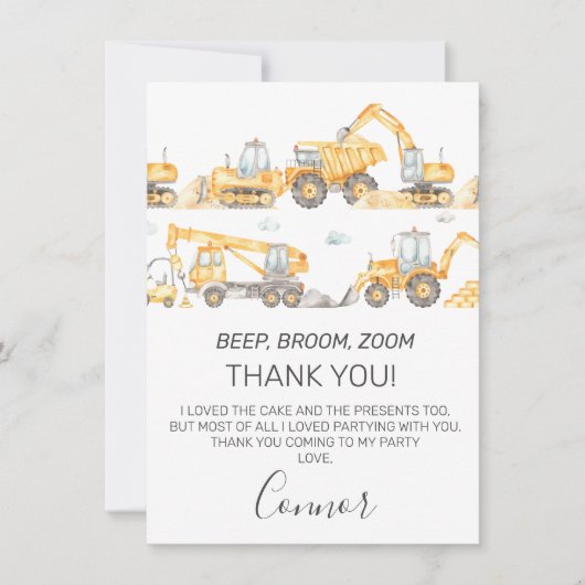 ボーイズ建築車両誕生日サンキューカード 招待状 (正面)