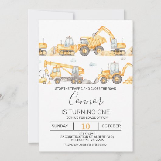 ボーイズ建築車両誕生日招待状 招待状 (正面)