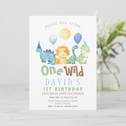 ボーイズ恐竜の最初の誕生日水色 招待状 (スタンド正面)