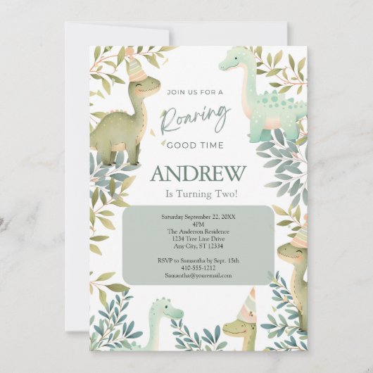 ボーイズ恐竜の誕生日パーティー1日2日3日4日 招待状 (正面)