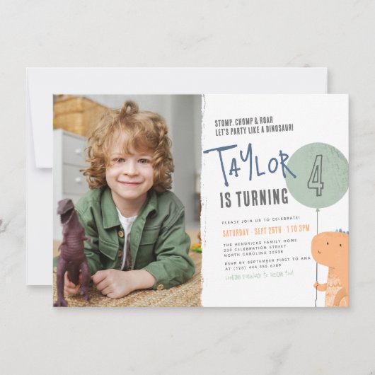 ボーイズ恐竜をテーマにした誕生日パーティーのカスタム写真 招待状 (正面)