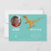 ボーイズ恐竜ヴェロキラプトル6thバースデーパーティーティール（緑がかった色） 招待状 (正面)