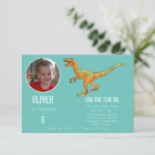 ボーイズ恐竜ヴェロキラプトル6thバースデーパーティーティール（緑がかった色） 招待状 (スタンド正面)