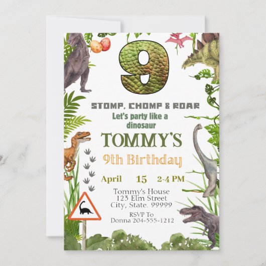 ボーイズ恐竜9th誕生日パーティーへの招待 招待状 (正面)