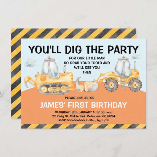 ボーイズ掘削機の最初の誕生日パーティーの招待 招待状 (正面/裏面)