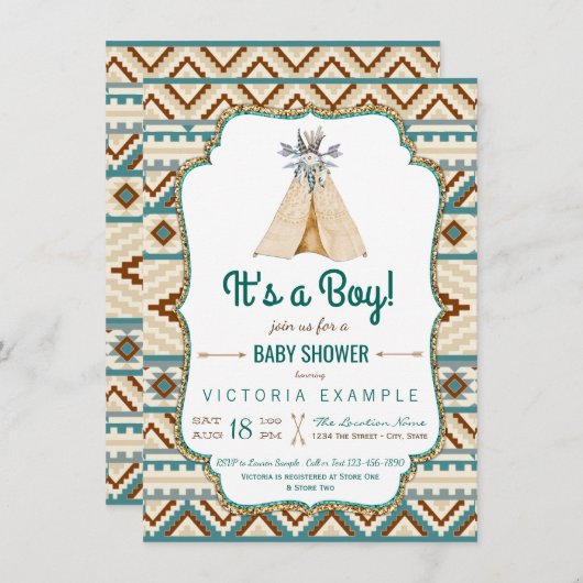 ボーイズ族のテペアステカーベイビーシャワー 招待状 (正面/裏面)