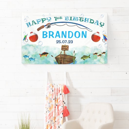 ボーイズ最初の誕生日の背景魚釣りO-fish-ally 横断幕 (インサイチュ)