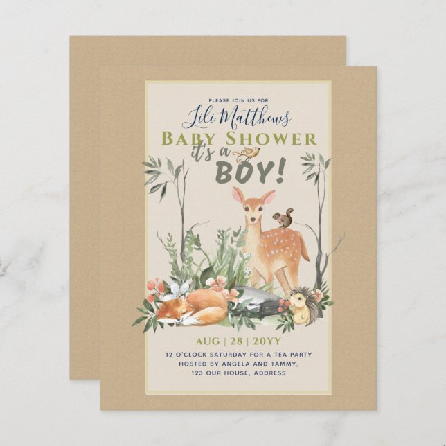 ボーイズ森林動物の森の赤ちゃんシャワー招待状 (正面/裏面)