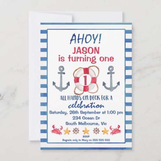 ボーイズ水カラー航海の誕生日招待状 招待状 (正面)