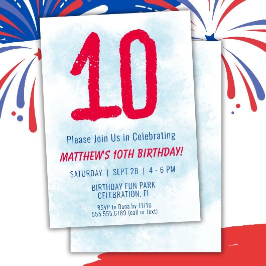 ボーイズ水彩キッズブルー10誕生日 招待状