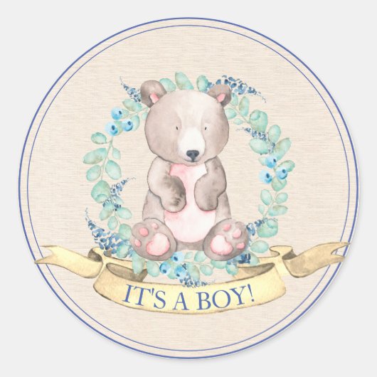 ボーイズ水彩フローラベビーベビーベイビーシャワー ラウンドシール (正面)