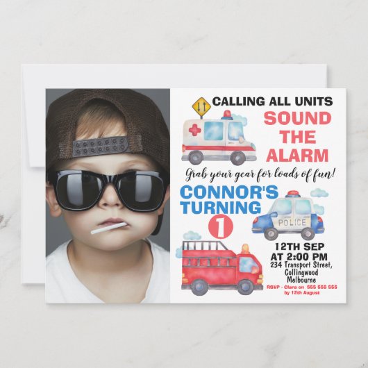 ボーイズ水彩写真輸送1st誕生日 招待状 (正面)