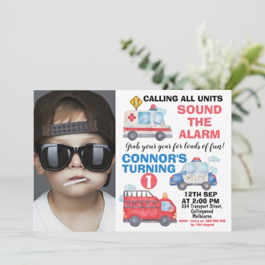 ボーイズ水彩写真輸送1st誕生日 招待状 (スタンド正面)