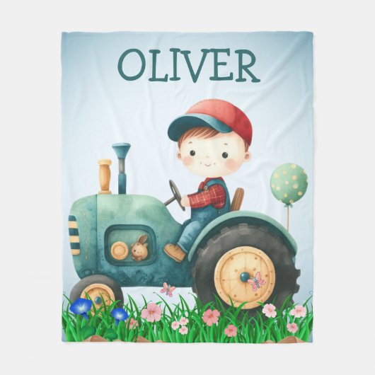 ボーイズ水彩可愛いグリーントラクターパーソナライズされた フリースブランケット (正面)