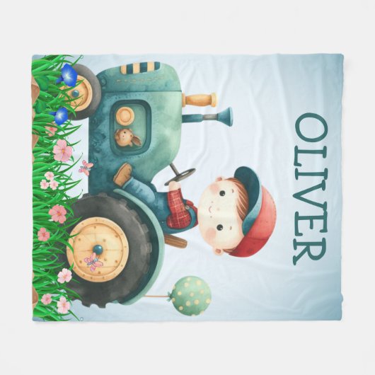 ボーイズ水彩可愛いグリーントラクターパーソナライズされた フリースブランケット (正面(横))