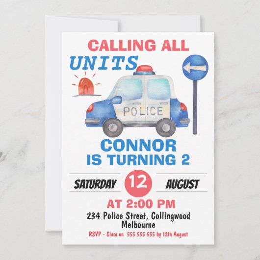 ボーイズ水彩警察車誕生日 招待状 (正面)