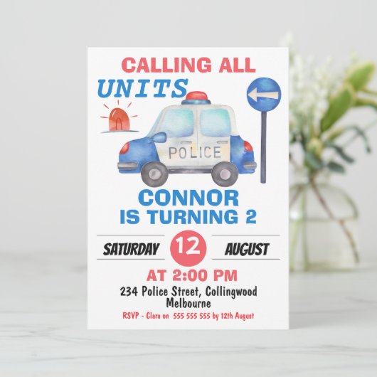 ボーイズ水彩警察車誕生日 招待状 (スタンド正面)