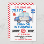 ボーイズ水彩警察車誕生日 招待状 (正面/裏面)