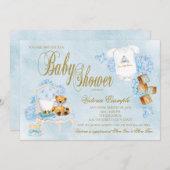 ボーイズ水彩青い金ゴールド赤ちゃんシャワー 招待状 (正面/裏面)