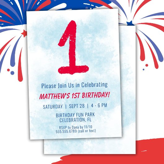 ボーイズ水色キッズブルー1st誕生日 招待状