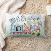 ボーイズ水色トレイン誕生日写真 ランバークッション (ブランケット)